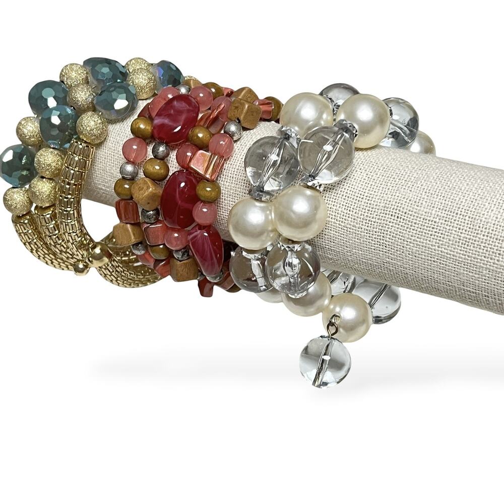 Multi Strand Beaded Coil Wrap Bracelets Lot Of 3 Memory Wire Boho Chunky Sparkle